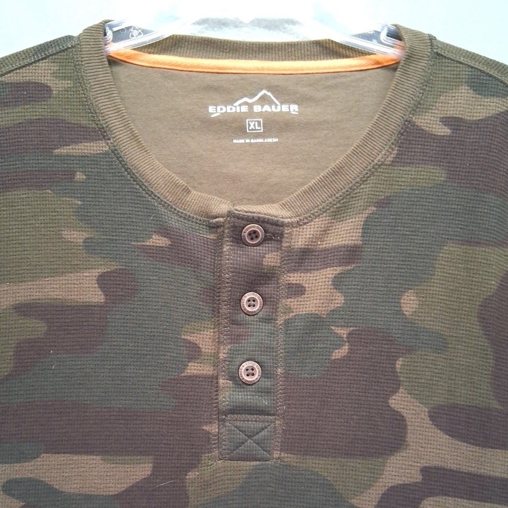 Eddie Bauer Mens XL Camo Waffle Knit Henley Shirt Long Sleeve Green‎ Brown 0590